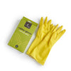 natural latex rubber gloves next to green packaging