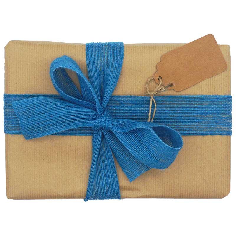brown kraft gift wrap with blue jute ribbon