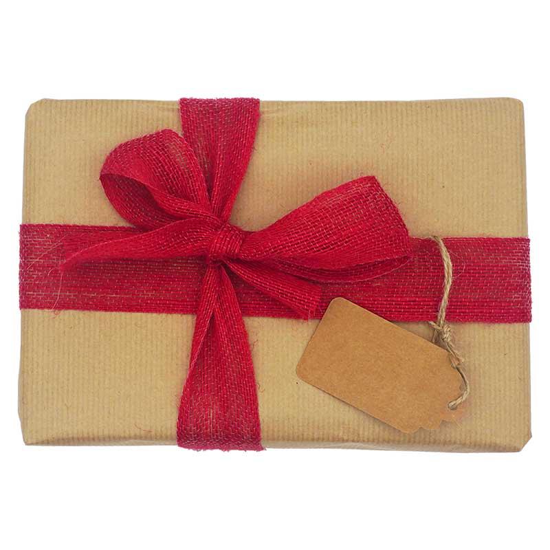 brown kraft gift wrap with red jute ribbon