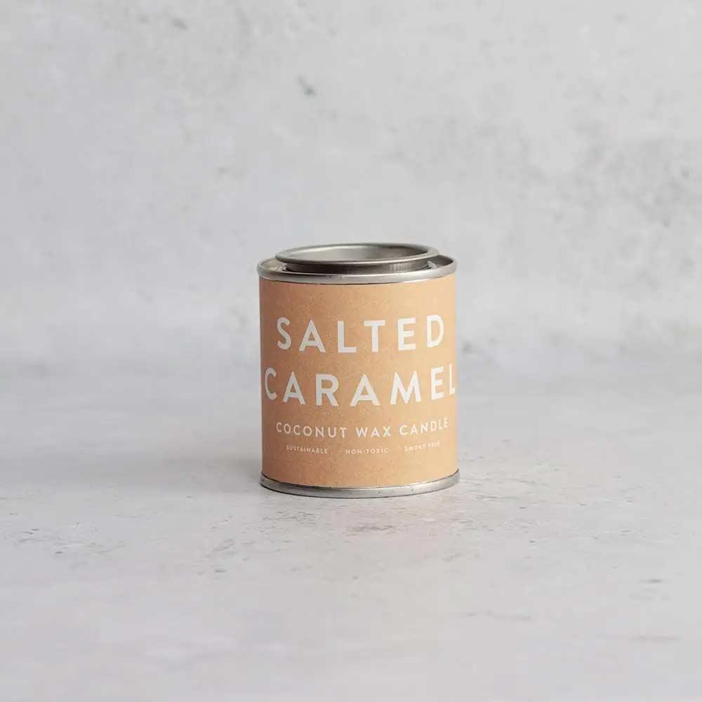 salted caramel coconut wax candle in a tin