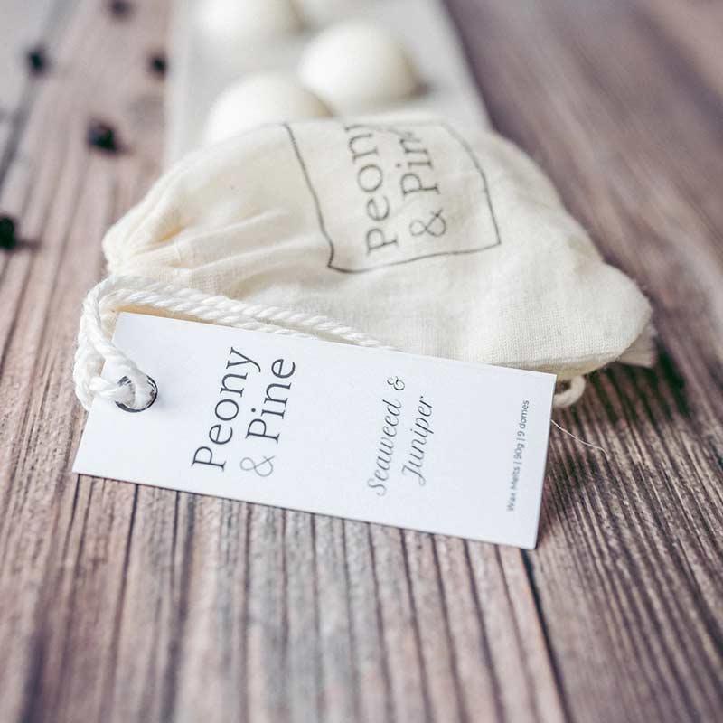 seaweed and juniper soy wax melts in a cotton pouch