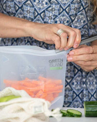 reusable food pouch with prepared carrots inside