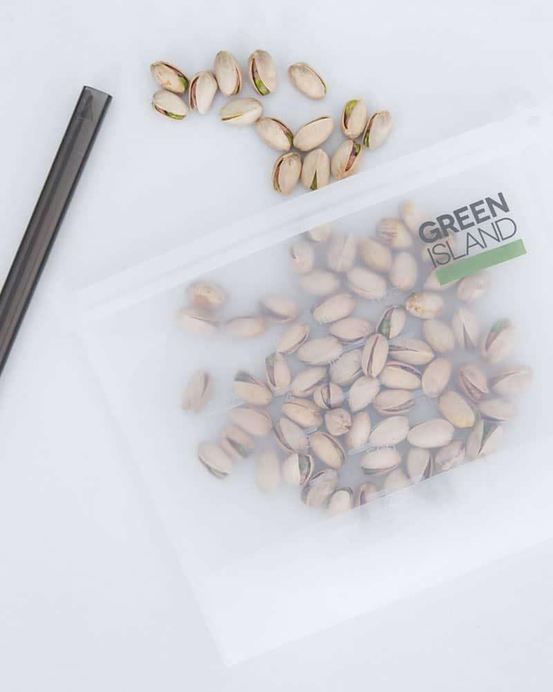 silicone reusable food pouch with pistachios