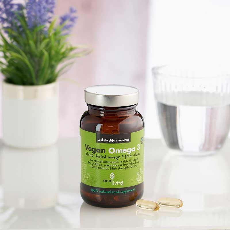 vegan omega 3 capsules on kitchen work top